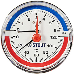 Термоманометр Stout аксиальный с автоматическим запорным клапаном, Dn 80 мм 1/2 , 0...120C, 0-6 бар