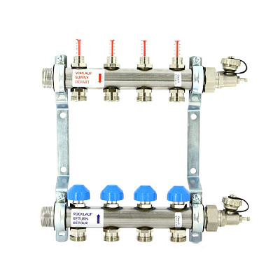 Коллекторная группа UNI-FITT Н 1 х 3 вых 3/4 с расходомерами и термостатическими вентилями, нерж. сталь