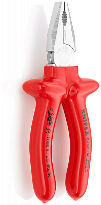 Плоскогубцы KNIPEX комб. VDE, рез: провол. ср. d 3.4 мм, твёрд. d 2.2 мм, кабель d 12 мм (16 мм?), L-180 мм, хром, 1К ручки