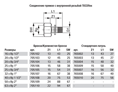 Соединение TECE TECEflex прямое с внутренней резьбой, 20 х 1/2, бронза
