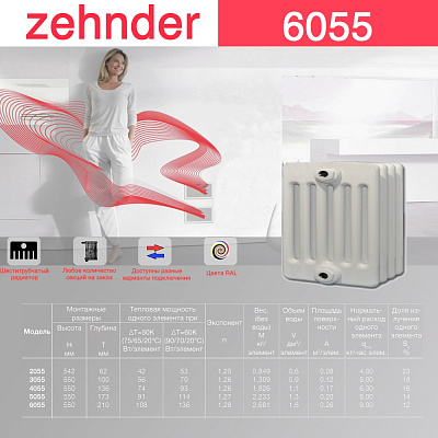 Стальной трубчатый радиатор отопления Zehnder 6055 / 1 секция