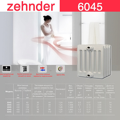 Стальной трубчатый радиатор отопления Zehnder 6045 / 1 секция