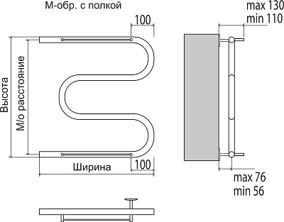 Полотенцесушитель водяной Terminus М-образный с полкой (1 ) 600х400