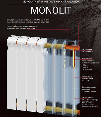Биметаллический секционный радиатор отопления Rifar Monolit 300 / 4 секции